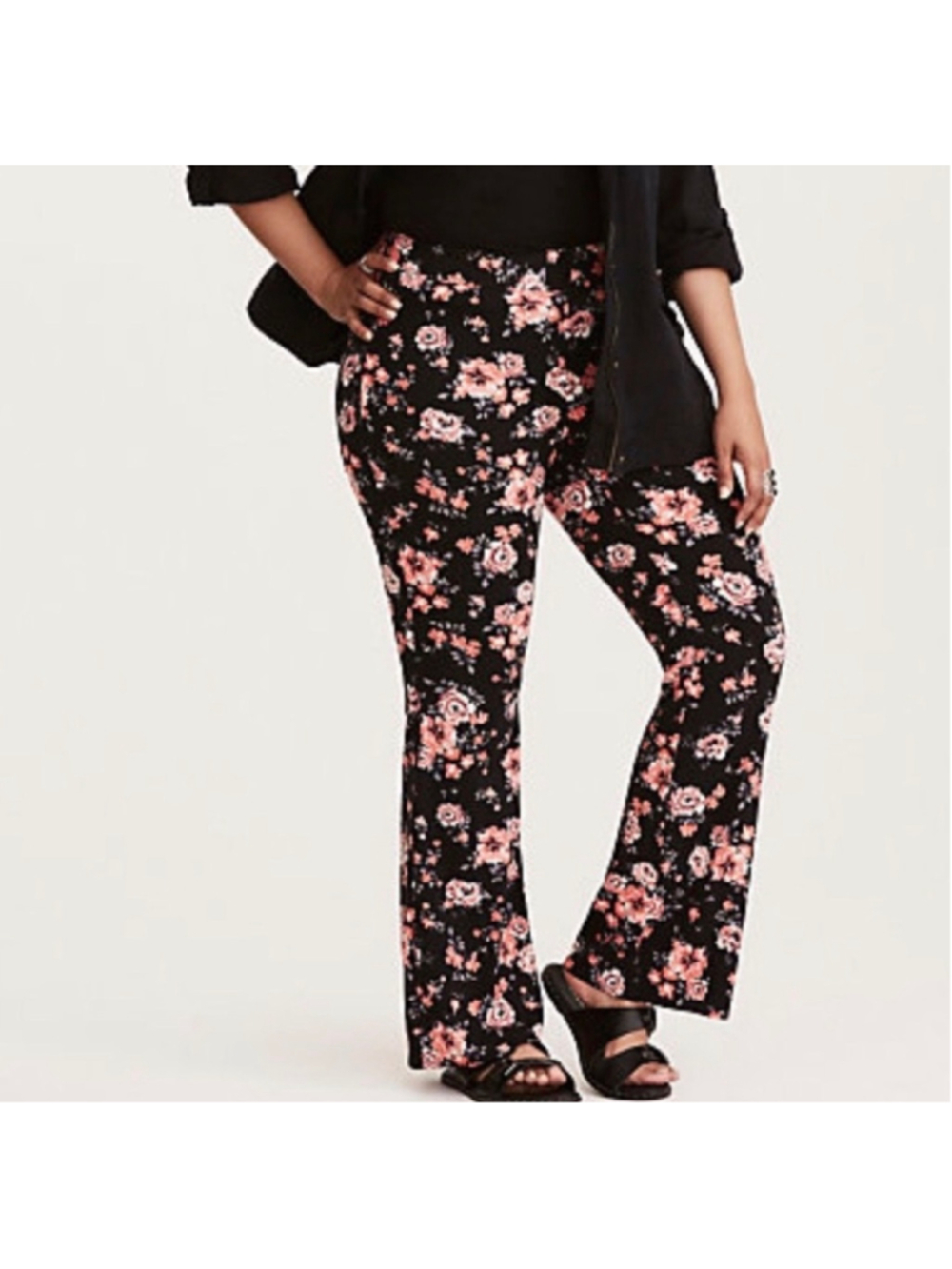 Torrid Floral Flare Pants Womens Plus Size 18 Black Pink Roses Rayon Stretch